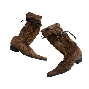 Brown Logo-Print Suede Mid-Calf Boots with Bow